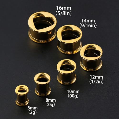 ARTFAN Ear Gauges Plugs - 2PCS Stainless Steel Tunnels for Stretched Ears, Cute Heart Ear Plugs Gauges for Women Men, Hypoallergenic Body Piercing Jewelry - size: 9/16in (14mm)