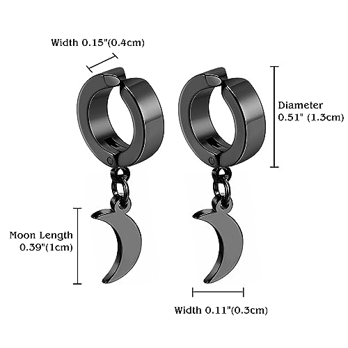 Black Hinged Earrings Hoop-Clip On Moon Dangle Hoops-Stainless Steel Punk Earrings Jewelry for Women Men - color: Black