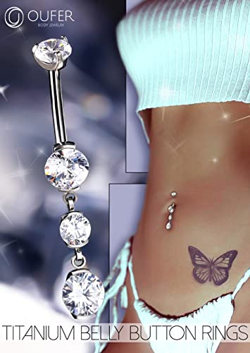 OUFER Titanium Belly Button Rings, Belly Button Rings Dangling, 14G Belly Piercing Jewelry, Internally Thread Clear CZ Belly Rings for Women Men