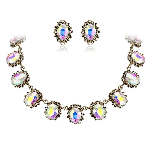 BriLove Victorian Style Statement Necklace Pierced Earrings Jewelry Set for Women Crystal Floral Cameo Inspired Oval Jewellery for Party Prom - color: Iridescent AB Antique-Gold-Plated-Base