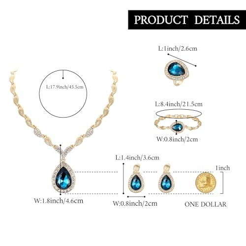 Womens Africa 18k Gold Plated Jewelry Set Crystal Rhinestones Petals Teardrop Cluster Bib Statement Necklace Link Bracelet Dangle Earrings Ring for Prom - color: 03-Blue Topaz Gold-Plated-Base