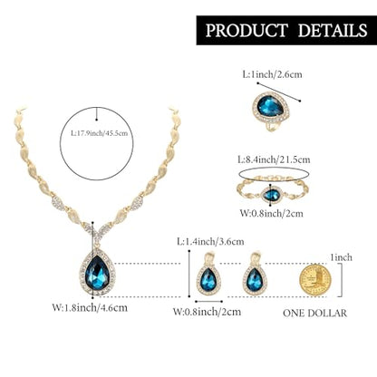 Womens Africa 18k Gold Plated Jewelry Set Crystal Rhinestones Petals Teardrop Cluster Bib Statement Necklace Link Bracelet Dangle Earrings Ring for Prom - color: 03-Blue Topaz Gold-Plated-Base