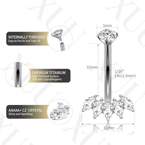 XUU Titanium Belly Button Rings 14G, Implant-Grade Navel Piercing, Luxury CZ Shape with Flower Butterfly, Hypoallergenic Curved Barbell Jewelry for Women, Gold or Silver - style: Crown-Silver