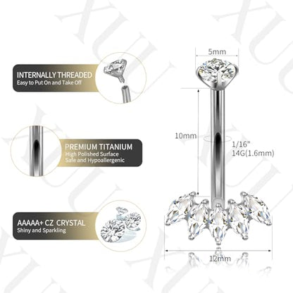 XUU Titanium Belly Button Rings 14G, Implant-Grade Navel Piercing, Luxury CZ Shape with Flower Butterfly, Hypoallergenic Curved Barbell Jewelry for Women, Gold or Silver - style: Crown-Silver