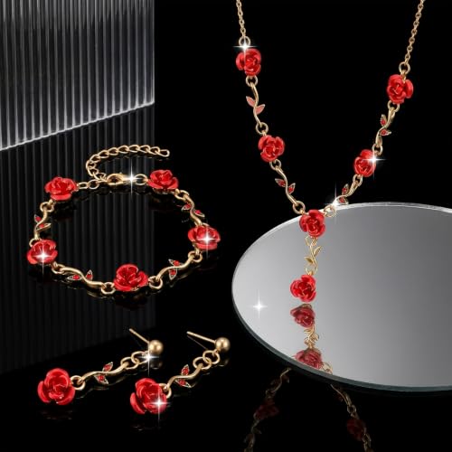 SHENLIU Red Rose Jewelry Set for Women, 3Pcs Rose Pendant Earrings Necklaces Bracelet, Burgundy Jewelry Set for Women's Wedding Prom Valentine Birthday Party (Red and Gold)