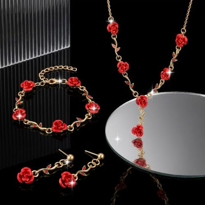 SHENLIU Red Rose Jewelry Set for Women, 3Pcs Rose Pendant Earrings Necklaces Bracelet, Burgundy Jewelry Set for Women's Wedding Prom Valentine Birthday Party (Red and Gold)