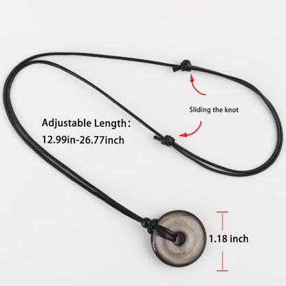 FANASY Natural Gemstone Pendant Necklce Lucky Coin Crystal Necklace Protection Donut Pendnat with Adjustable Rope for Men Women - color: Silvery Sheen Obsidian