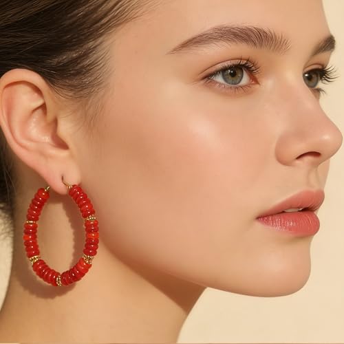Wellike Beaded Hoop Earrings for Women Natural Stone Pink Gold Huggie Earrings Hypoallergenic Dainty Waterproof Trendy Jewelry - color: Red, size: 45mm