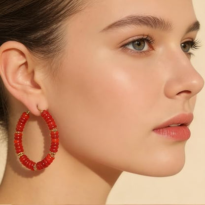Wellike Beaded Hoop Earrings for Women Natural Stone Pink Gold Huggie Earrings Hypoallergenic Dainty Waterproof Trendy Jewelry - color: Red, size: 45mm