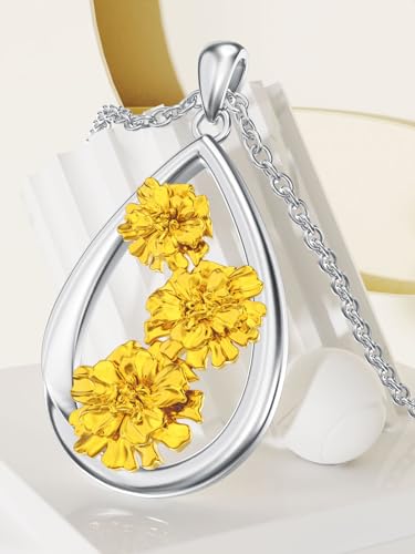 12 Month Birth Flower Necklace for Women 925 Sterling Silver Floral Teardrop Pendant Birthday Jewelry Gifts - color: 10. October Marigold