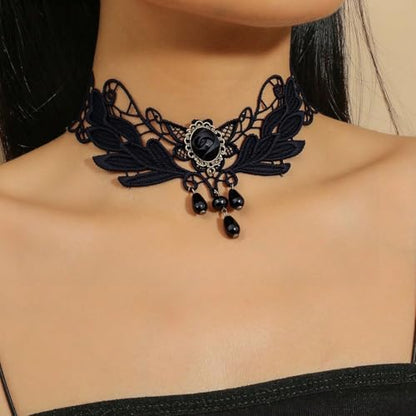 Goth Black Choker Necklace Crystal Bead Pendant Necklace for Women Gothic Velvet Lace Choker Halloween Vampire Witch Cosplay - color: B-Black