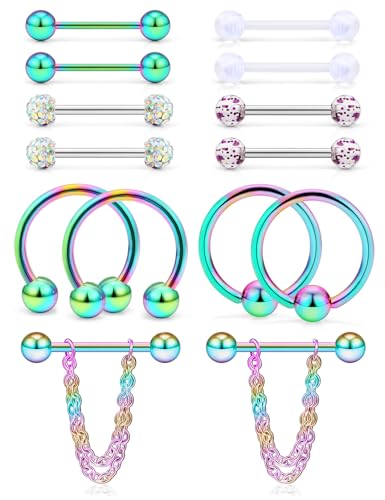 Hoeudjo 14Pcs 14G Surgical Steel Chain Dangle Nipple Rings Barbell Piercing Jewelry Retainer for Women - color: 7 Pairs/14G/Rainbow