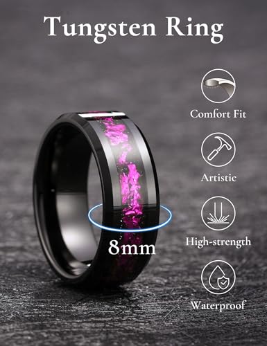 King Will Mens Wedding Band with Foils Inlay, Black/Silver/Gold | Black, 6mm/8mm, Beveled Edge, Comfort Fit, Glowstone Ring, Everyday Wear - color: Black&Purple-8mm