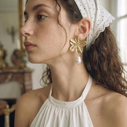 Chunky Gold Plated Flower Statement Drop Earrings for Women | Hypoallergenic 18K Gold Plated Textured Petal Wing, Large Statement Dangle Earrings for Wedding Party - color: Gold Flower Pearl-2