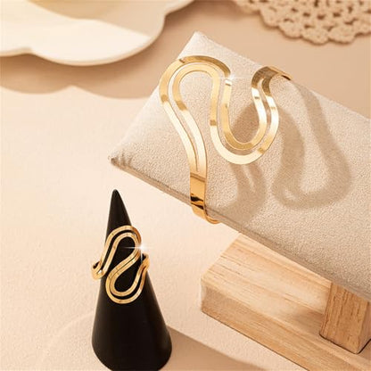 Chunky Cuff Bracelet with Ring Jewelry Set for Women Minimalist Wide Open Bracelet Simple Punk Snake Wrist Cuff Trendy Statement Jewelry