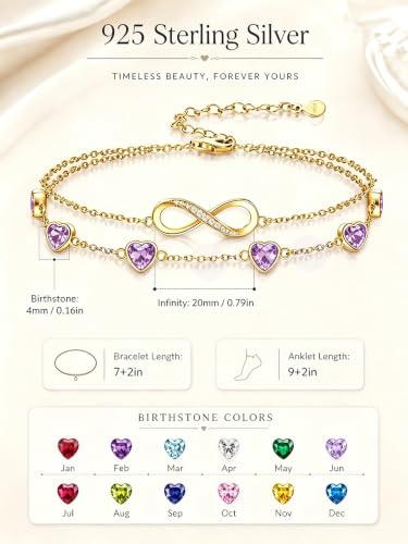 Prismata Infinity Birthstone Charm Link Bracelet/Anklet 925 Sterling Silver Adjustable 12 Months Birthstone Infinity Bracelet/Anklet Birthday Jewelry Gifts for Women Her - color: 02-February, size: 7'+2' Bracelet-18K Gold Plated