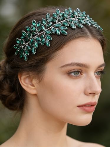 Missgrace Women Silver Green Black Red Blue Handmade Full Crystal Rhinestone Large Headband Hair Vine Shinny Headpiece Bridal Wedding Hair Accessories for Women (Silver Peacock green) - color: Silver Peacock green