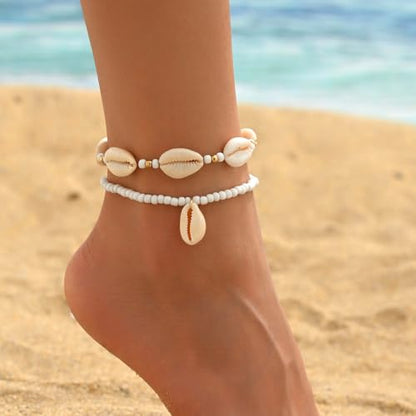 INENIMARTJ Puka Shell Anklets Bracelet for Women Colorful Shell Beaded Anklet Summer Ocean Hawaiian Beach Foot Jewelry Mermaid Seashell Anklets Jewelry for Women - color: white