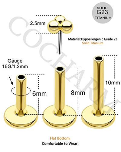 Cocharm G23 Titanium 16g Helix Cartilage Earrings Threadless 6mm, 8mm, 10mm Cluster Ear Studs Tragus Conch Piercing 16 Gauge Surgical Steel Medusa Stud - color: Gold