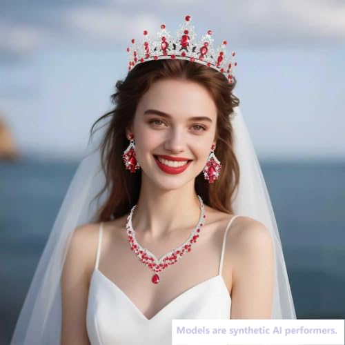 Kamirola Bridal Wedding Tiara Crown Jewelry Set for Women/Brides/Bridesmaids Crystal Jewelry Set for Wedding Prom Party Bridal Crystal Necklace Earrings Bracelet Set(TR60) - color: Silver Red