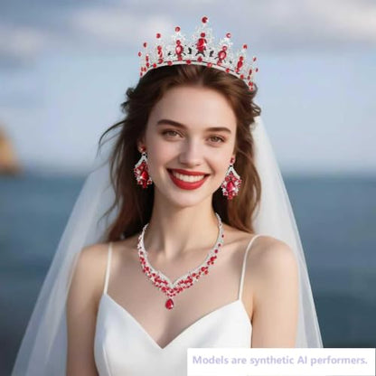 Kamirola Bridal Wedding Tiara Crown Jewelry Set for Women/Brides/Bridesmaids Crystal Jewelry Set for Wedding Prom Party Bridal Crystal Necklace Earrings Bracelet Set(TR60) - color: Silver Red