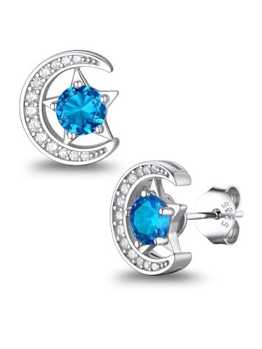 Suplight Sterling Silver Moon and Star Birthstone Crystal for Women with Dainty Silver Necklaces/Stud Earrings 1-12 Month Birthstone Emerald Pendant Sparkling Cubic Zirconia Gem Dainty Jewelry for Birthday Everyday - color: 12.December ( Turquoise)