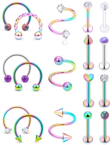 16G Horseshoe Lip Rings 316L Surgical Steel Medusa Labret Snake Bite Monroe Lip Ring 16 Gauge Tragus Forward Helix Conch Cartilage Lobe Earrings Stud Piercing Jewelry For Women Men - color: Rainbow
