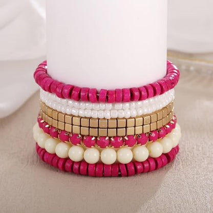 LUREME Boho Multi Strand Stackable Stretch Bracelet Set Wooden Cube Alloy Bead Bangle bl003172 - color: Fushia