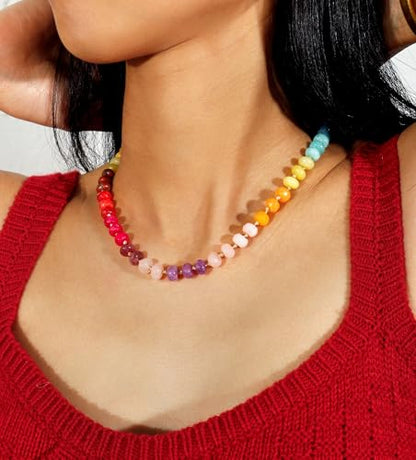 Gemstone Beaded Necklace for Women Colorful Natural Stone Freshwater Pearl Surfer Beach Rainbow Necklace Jewelry Gift - color: colorful -03