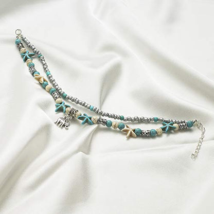 Starain Blue Turtle Anklets for Women Multilayer Beads Handmade Beach Ankle Bracelet Set Boho Foot Jewelry - color: Elephant Beaded Anklet