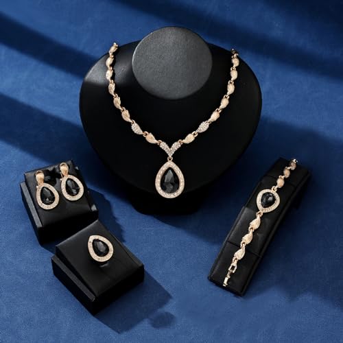 Womens Luxury Africa Dubai 18k Gold Plated Jewelry Sets Wedding Rhinestone Crystal Bib Statement Necklace Earrings Set for Brides Party Prom - color: Black