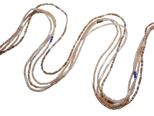 4 Pack Handmade Tie-On African Waist Beads for Women, Colorful Champagne Clear and Brown Glass Beads, 44 Inch, Non-Stretching, Layered Body Jewelry Set