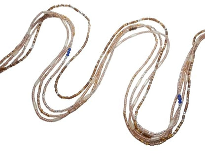 4 Pack Handmade Tie-On African Waist Beads for Women, Colorful Champagne Clear and Brown Glass Beads, 44 Inch, Non-Stretching, Layered Body Jewelry Set