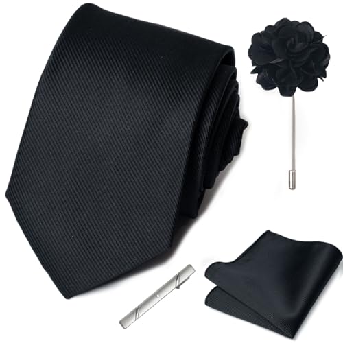 joy alice 30 Colors Solid Ties for Man Pure Color Men's Tie Set with Lapel Pin Pocket Square Tie Clip - color: Black