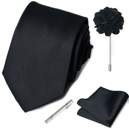 joy alice 30 Colors Solid Ties for Man Pure Color Men's Tie Set with Lapel Pin Pocket Square Tie Clip - color: Black