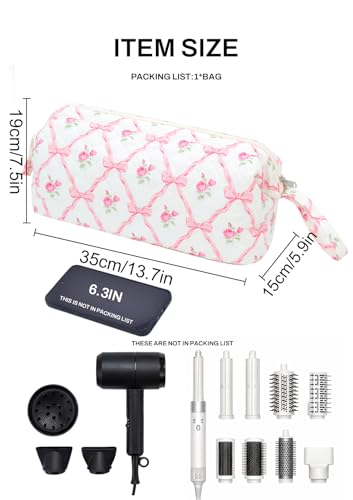 TeeYee Nylon Hair Tools Travel Bag for Dyson Airwrap Quilted Toiletry Bag | Travel Storage Bag for Shark Flexstyle/Curling Iron,Water-repellent,Wide-open,Well-structured,Heat-safe lining,pinkbow-boho - color: Pinkbow-boho