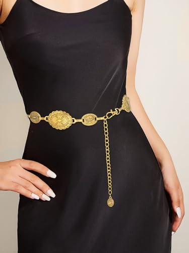 Women's Concho Chain Belt Western Cowgirl Metal Waist Chain | Belt for Dress - color: C Gold, size: M: 47.2 in