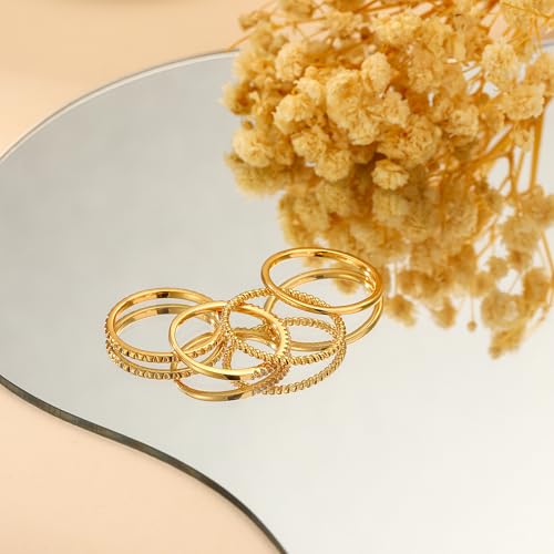 Lunvky Silver Stacking Rings for Women 14K Gold Plated Ring Non Tarnish Thin Trendy Stackable Dainty Cubic Zirconia Finger Pinky Thumb Wedding Band Rings Set Jewelry Gifts Size 5-10 - color: B-Gold, size: 5
