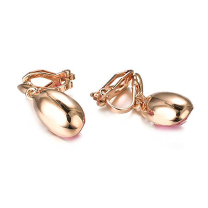Yoursfs Wedding Clip on Earrings For Women 18K Gold Plated Halo Big Austrian Crystal Dangle Earring Birdal Jewelry - color: Pink