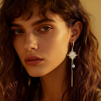 14K Gold Plated CZ Flower Dangle Earrings for Women, Sparkly Cubic Zirconia Long Tassel Drop Earrings, Bridal Wedding Jewelry - color: C:Flower Pearl Earrings