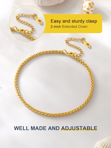 ChainsPro Resizable Anklet Chain for Women Men, Figaro/Wheat/Twist Rope/Cuban Foot Bracelet-Strong with Good Clasp-18K Gold Plated(Send Gift Box) - color: 10:wheat-Gold Plated