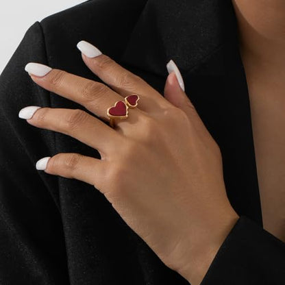 Retro Enamel Double Hearts Open Statement Ring for Women Fashion Simple Asymmetry Love Hearted Wrap Finger Knuckle Adjustable Bands Rings Gold Plated Wedding Eternity Promise Engagement Jewelry - color: Red
