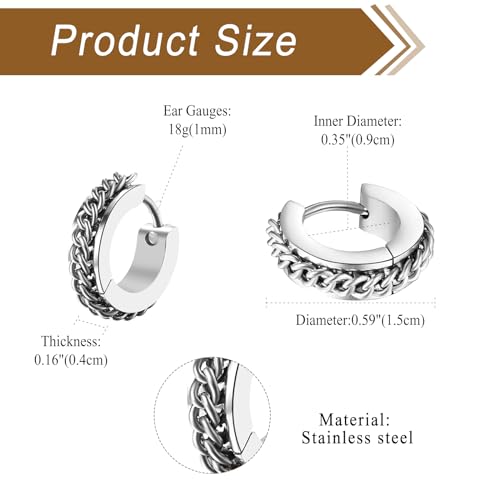 Aroncent Stainless Steel Hoop Earrings: 3-8 Pairs Men Small Hoop Huggie Hinged Earrings Set for Men Women 4mm Valentine Day Gifts - color: C-3PCS-Sliver+Black+Gold