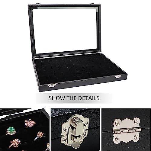 Wudygirl Ring Holder Leather Jewelry Tray with Lid 13.7"x9.4" Black | 100 Slot Ring Organizer with Velvet Liner, Ideal for Jewelry Storage, Dresser Drawer or Gift, Dustproof Design - style: 100 Slot Ring Tray