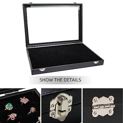 Wudygirl Ring Holder Leather Jewelry Tray with Lid 13.7"x9.4" Black | 100 Slot Ring Organizer with Velvet Liner, Ideal for Jewelry Storage, Dresser Drawer or Gift, Dustproof Design - style: 100 Slot Ring Tray