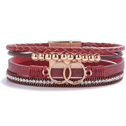 Chunky Boho Leather Wrap Bracelets Cowgirl Beaded Circle Western Jewelry | Stackable Infinity Layered Bohemian Magnetic Clasp Cuff Statement Fashion Colorful Country Hippie Outfits for Women Trendy - color: Burgundy