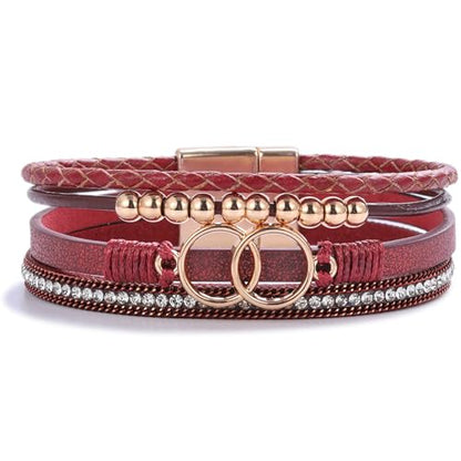 Chunky Boho Leather Wrap Bracelets Cowgirl Beaded Circle Western Jewelry | Stackable Infinity Layered Bohemian Magnetic Clasp Cuff Statement Fashion Colorful Country Hippie Outfits for Women Trendy - color: Burgundy