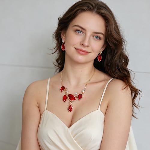 Vintage Statement Jewelry Set - Chunky Flower Floral Plant Geometric Resin Bib Necklace Earring Set Bohemian Boho Crystal Rhinestone Fashion Jewelry for Women Bridal Party Prom Unique Gift - style: MLJS2609-Red