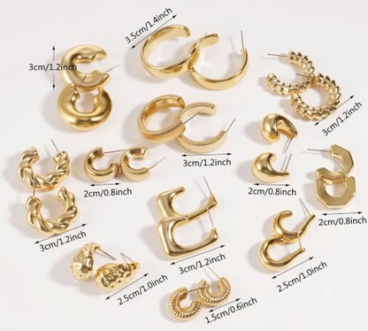 12 Pairs Chunky Gold Hoop Earrings Set for Women | Thick tube hoops, teardrop shapes, ribbed and twisted textures, hammered finish, lightweight trendy everyday jewelry set