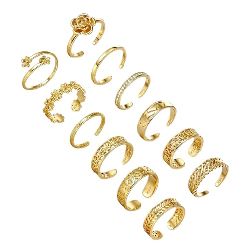 TOPBRIGHT 12PCS Toe Rings for Women - 14K Gold Filled With CZ, Adjustable Open Band Rings, Flower Design Dainty，Summer Beach Foot Jewelry Set for Women